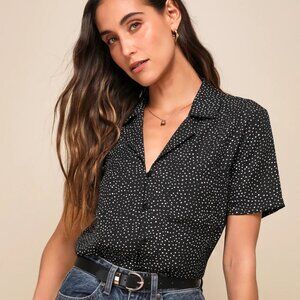 Lulus Good Luck Charm Black Polka Dot Short Sleeve Button-Up Top